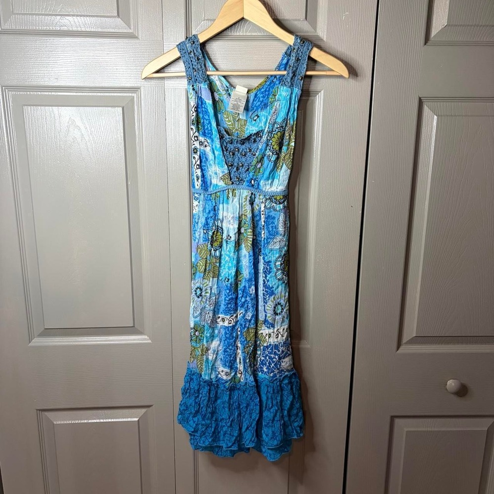 Forbidden Y2K Blue Floral Beaded Maxi Dress Women Size S Boho Fairy Ruffle Hem